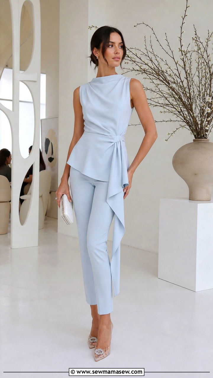 Draped Peplum Top with Slim Trousers and Sculptural Heels - 40 Peplum top outfit ideas