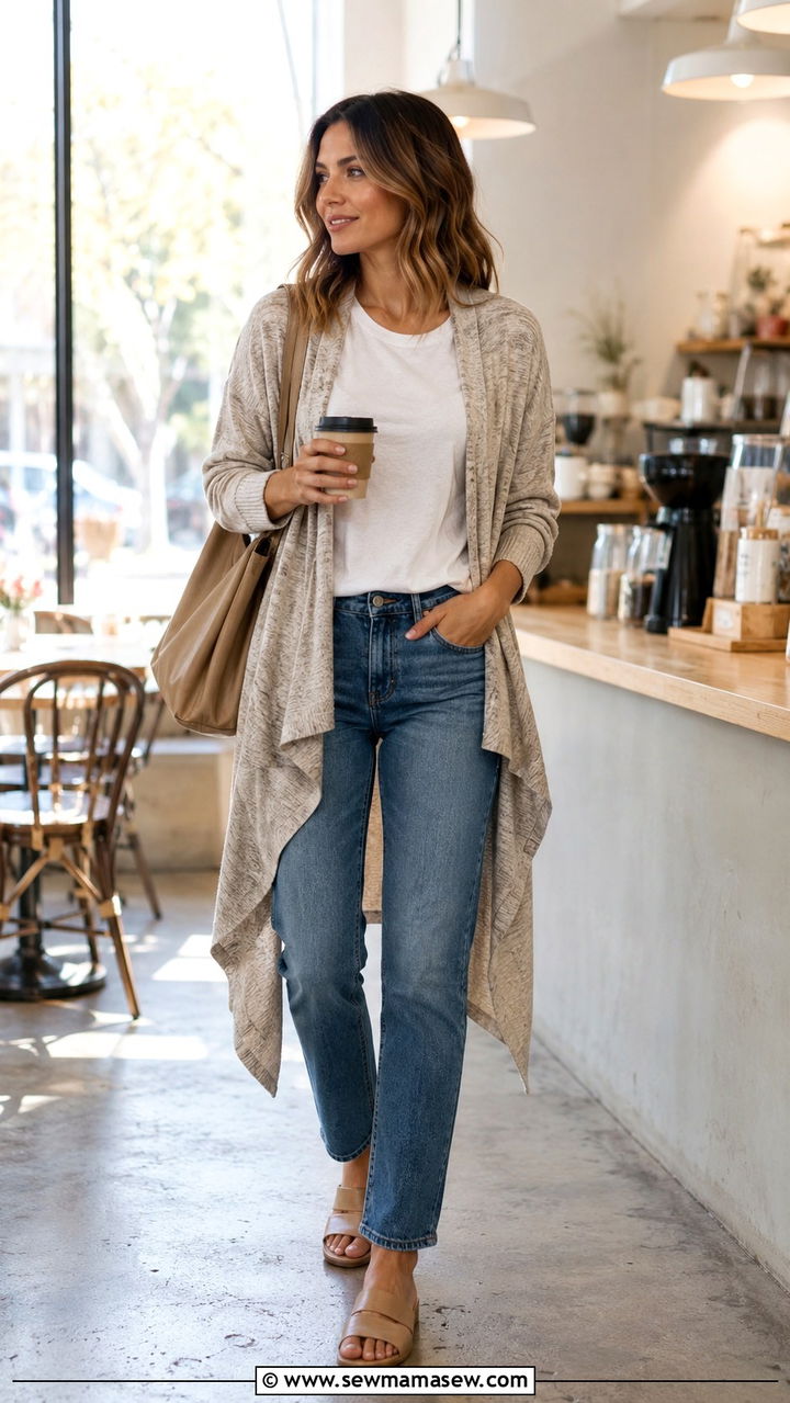Draped cardigan with straight leg jeans - 25 Outfit ideas for inverted triangle shape
