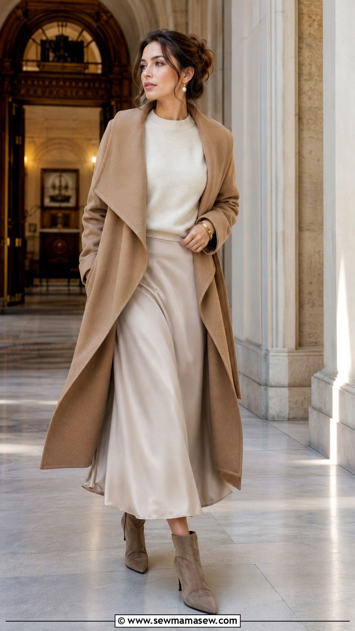 Draped wrap coat over cashmere sweater and silk midi skirt - 25 Poetcore outfit ideas college professor aesthetic