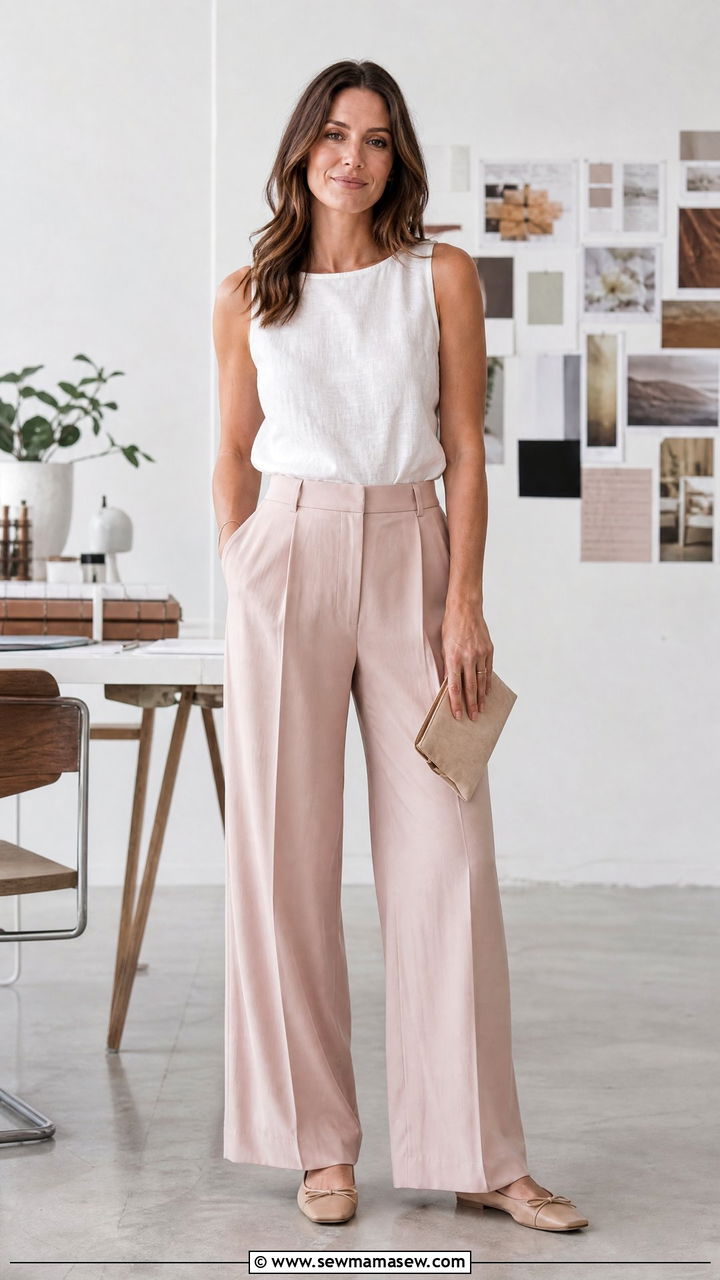 Drapey Blush Trousers With White Linen Shell And Nude Flats - 30 summer outfits for office women