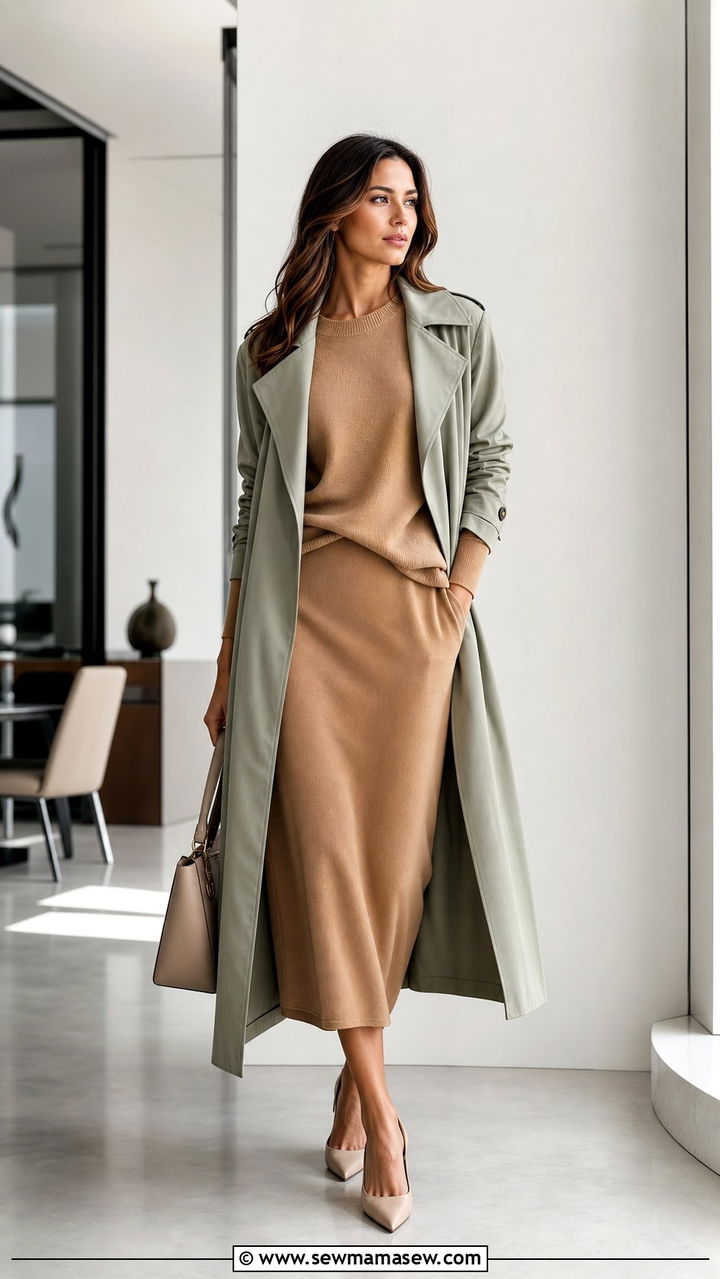 Drapey trench coat with a midi knit skirt and kitten heels - 25 spring early spring outfit ideas