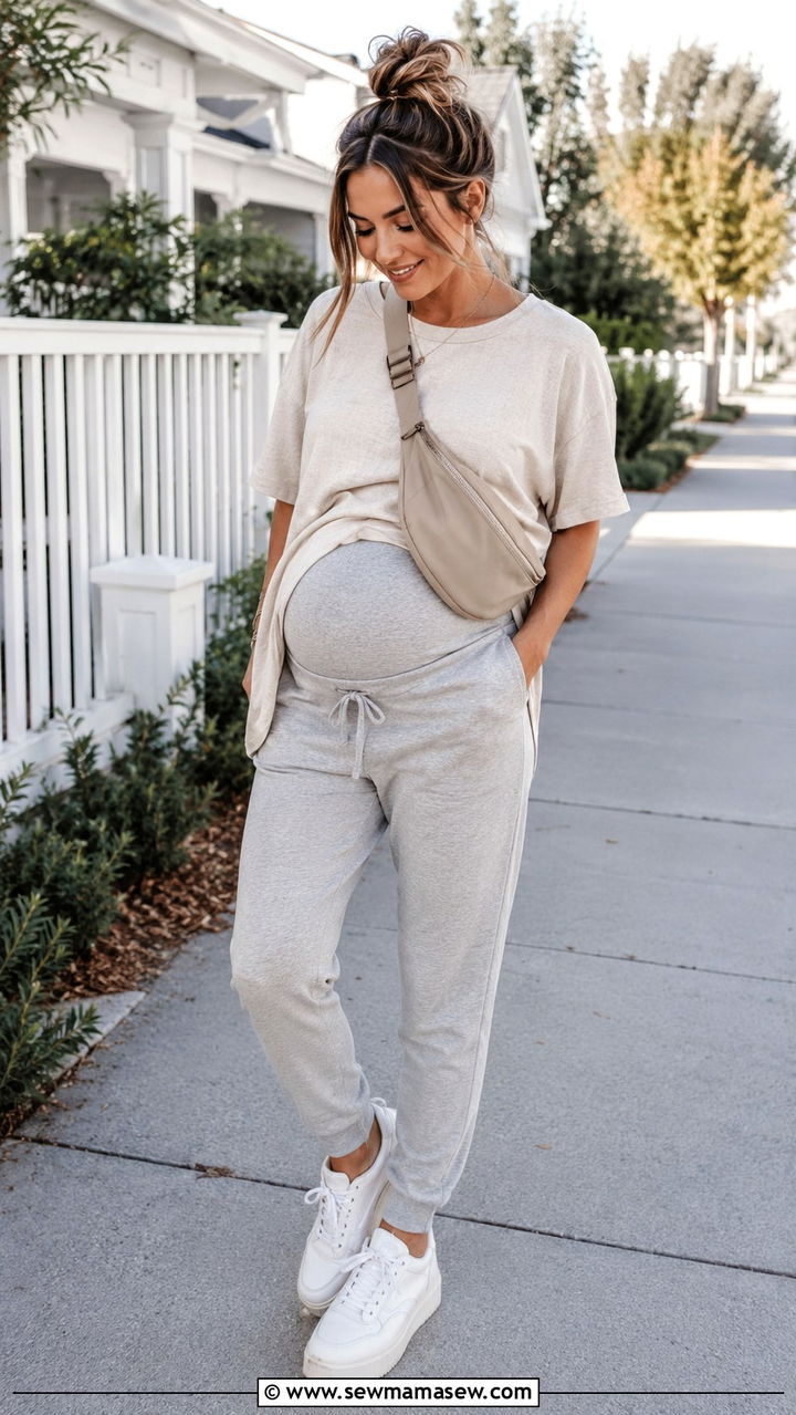 Drawstring Joggers and Relaxed Tee Outfit - 20 Maternity outfit ideas first trimester bump