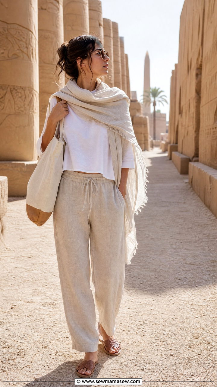 Drawstring Linen Pants With Boxy Top And Scarf - 35 Luxor outfit ideas