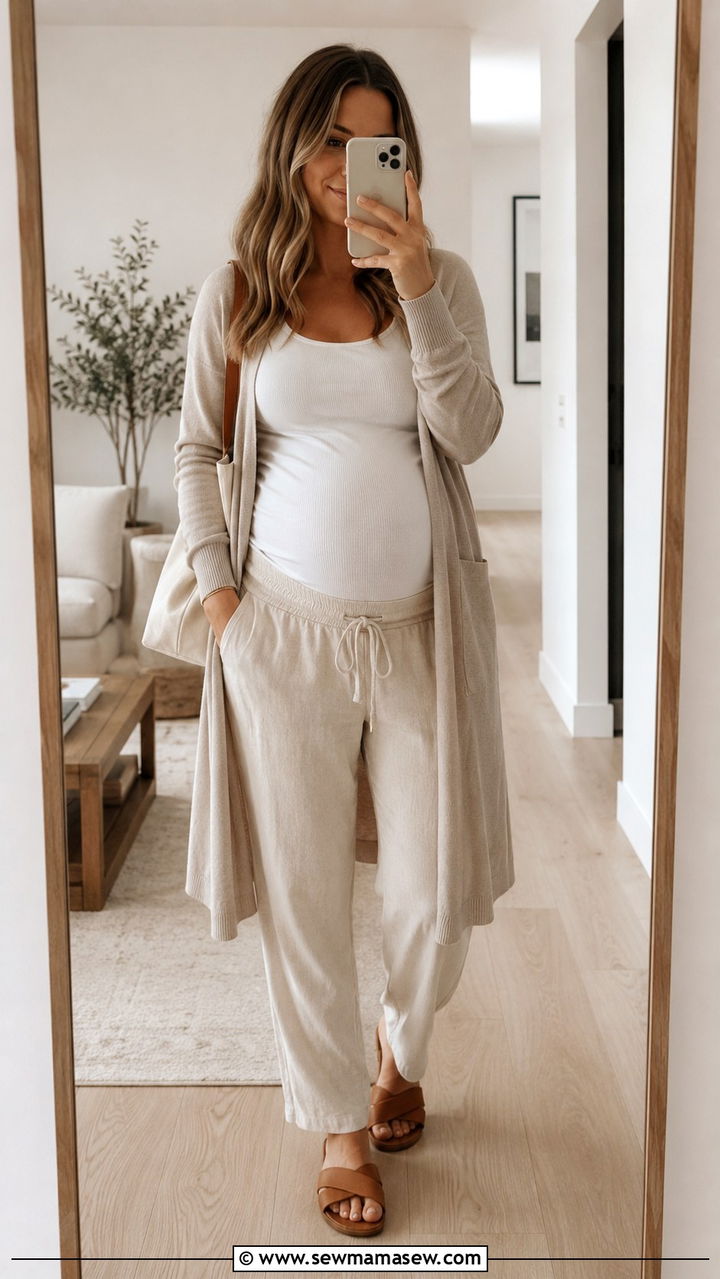Drawstring Linen Pants With Tank And Cardigan - 20 Non maternity maternity outfits