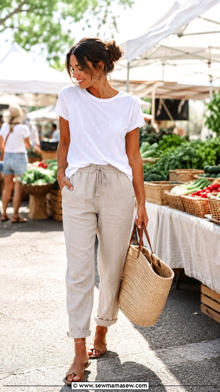 Drawstring Linen Pants with Flat Sandals - 30 how to style linen pants outfits