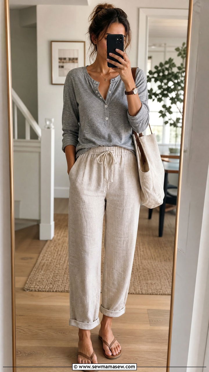 Drawstring Linen Pants with Henley Shirt - 35 linen pants outfits ideas
