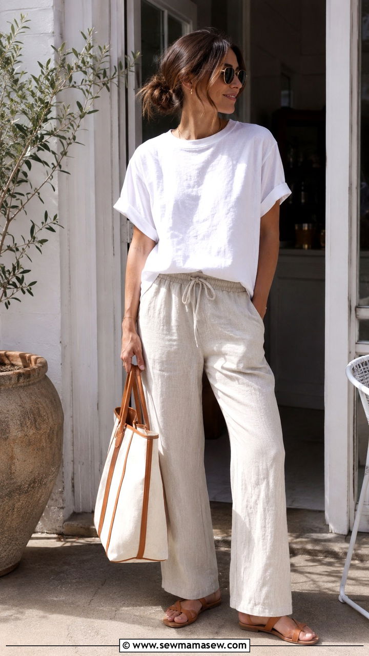 Drawstring Linen Pants with a Cotton Crewneck Tee - 30 Postpartum summer outfits