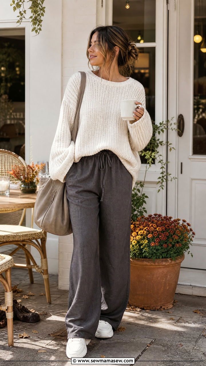 Drawstring Linen Pants with an Oversized Knit Sweater and Chunky Sneakers - 25 Brunch outfit ideas with linen pants