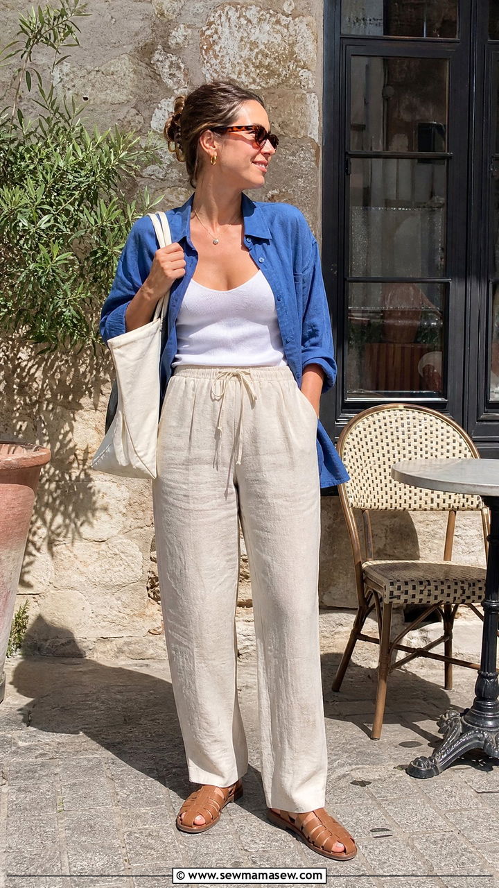 Drawstring Linen Trousers With An Oversized Button Down - 30 summer trousers outfit ideas