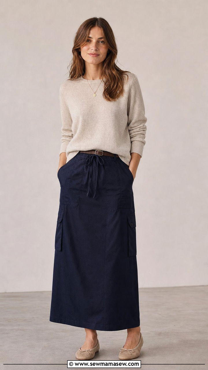 Drawstring Utility Skirt and Cashmere Sweater - 25 spring utility chic outfit ideas