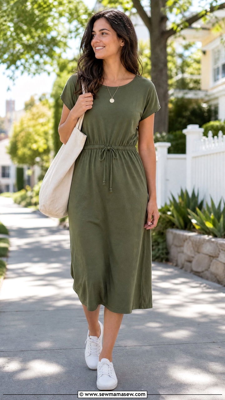Drawstring Waist Dress With White Sneakers - 25 casual outfits for modest women