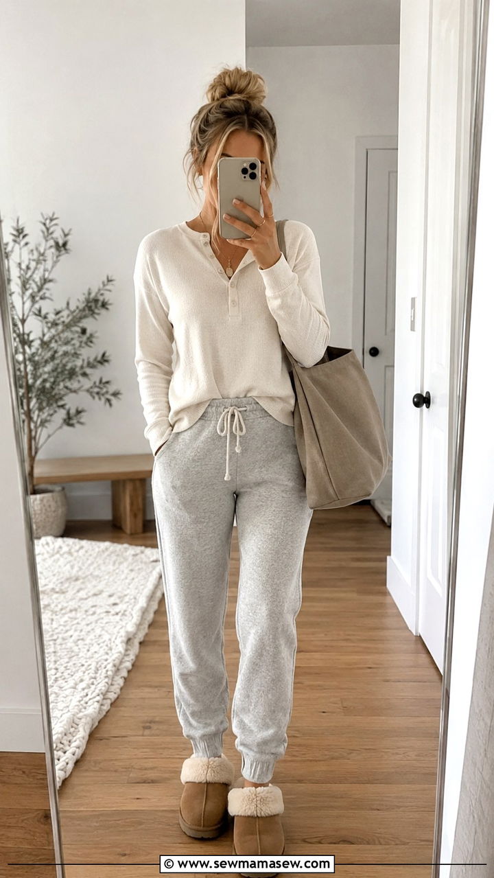 Drawstring joggers with a relaxed henley and slip ons - 20 Outfit ideas for belly after C section