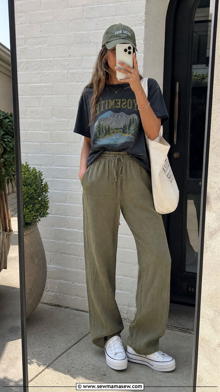 Drawstring linen pants with graphic tee and platform sneakers - 25 How to style linen pants in summer