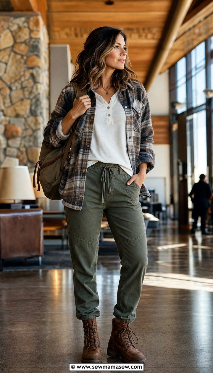 Drawstring pants with henley top and shacket - 35 Airport outfits for long flights