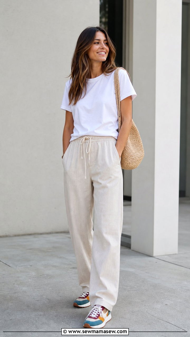 Drawstring trousers with a white tee and retro runners - 25 sneaker outfits aesthetic