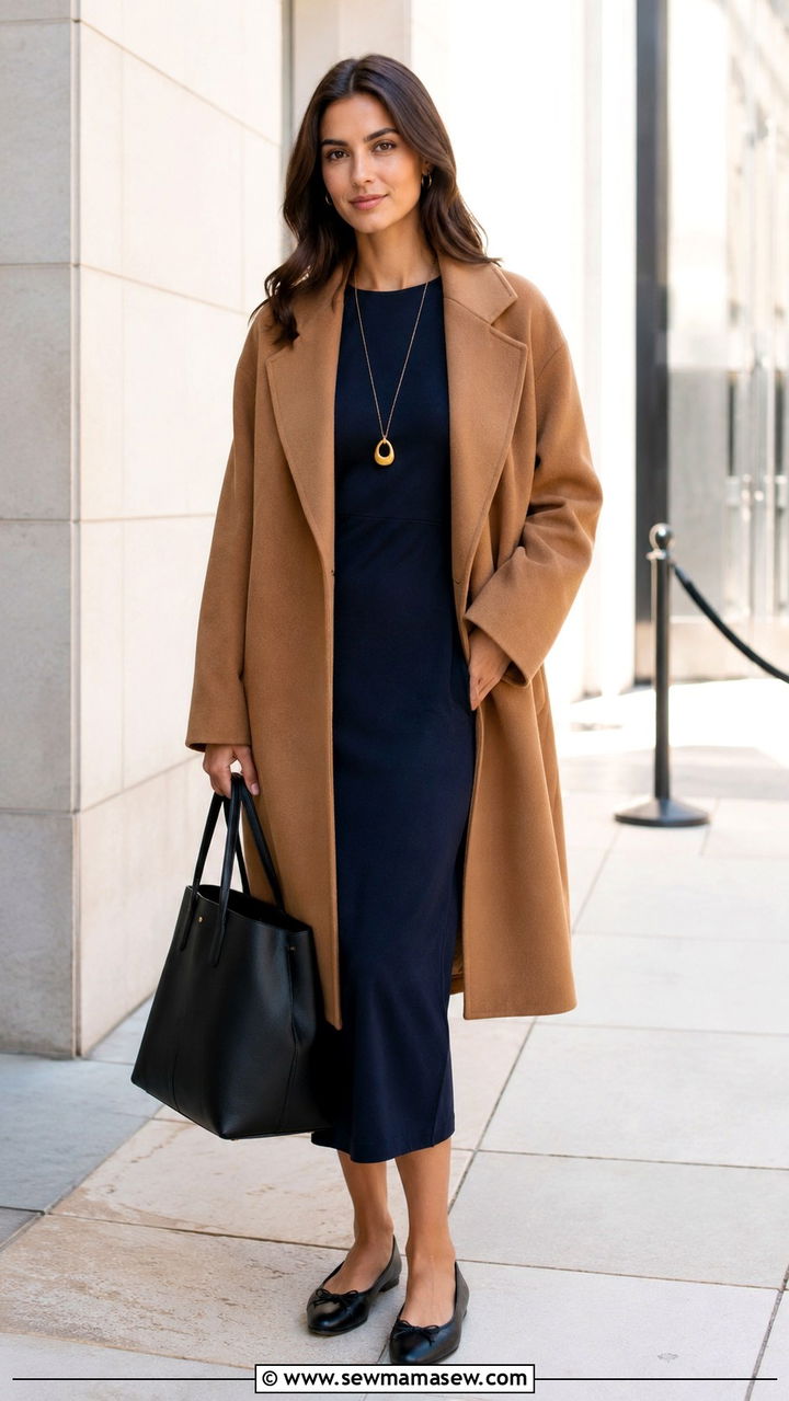 Dress with Oversized Coat and Ballet Flats Outfit - 25 Researcher outfit ideas
