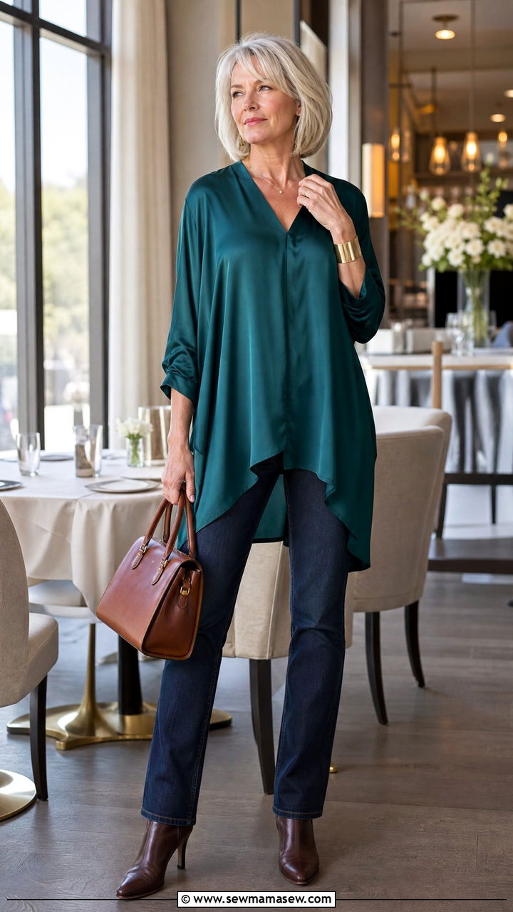 Dressy Jeans with Silk Tunic - 20 Brunch outfit ideas for women over 60