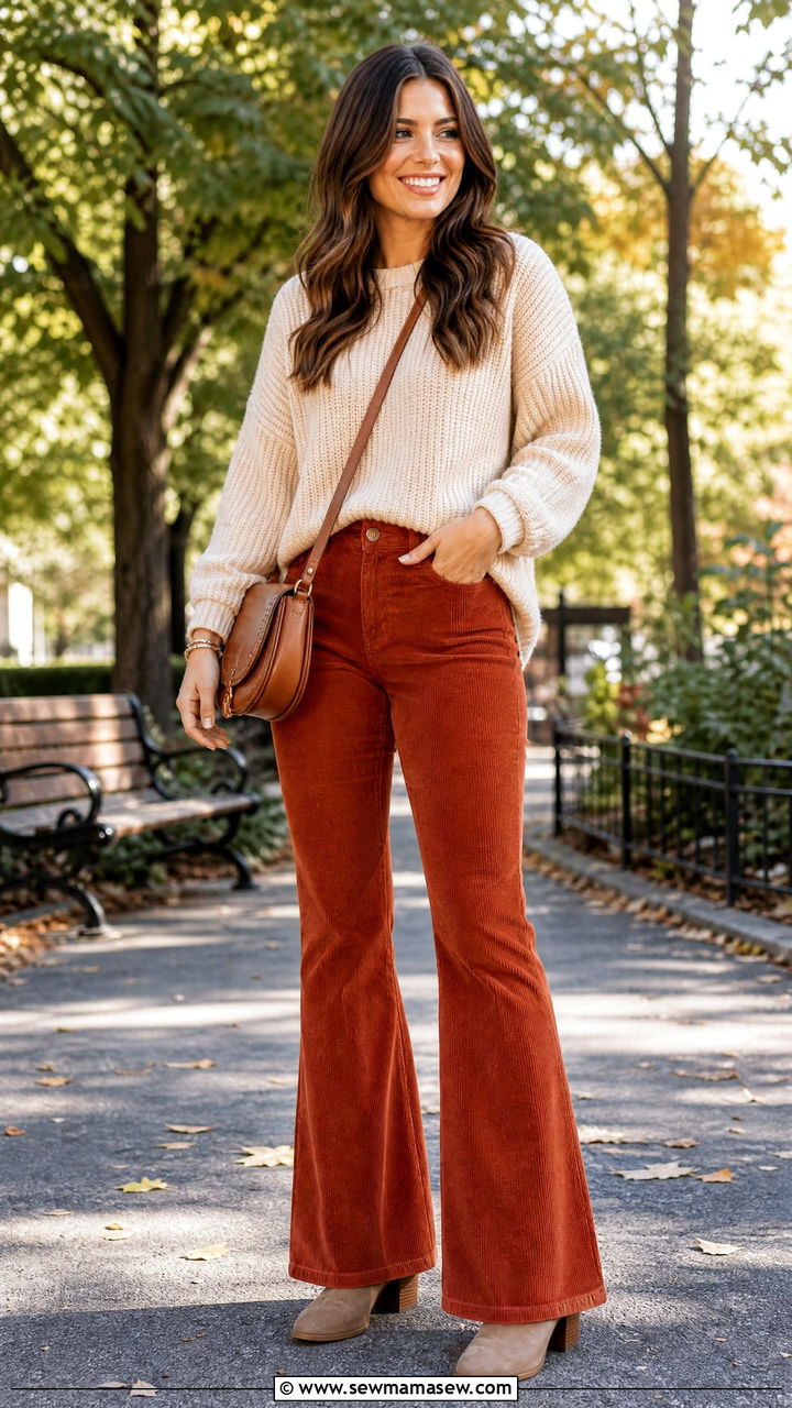 Drop Shoulder Sweater With Corduroy Flare Pants Outfit - 25 Outfit ideas for broad shoulders to balance