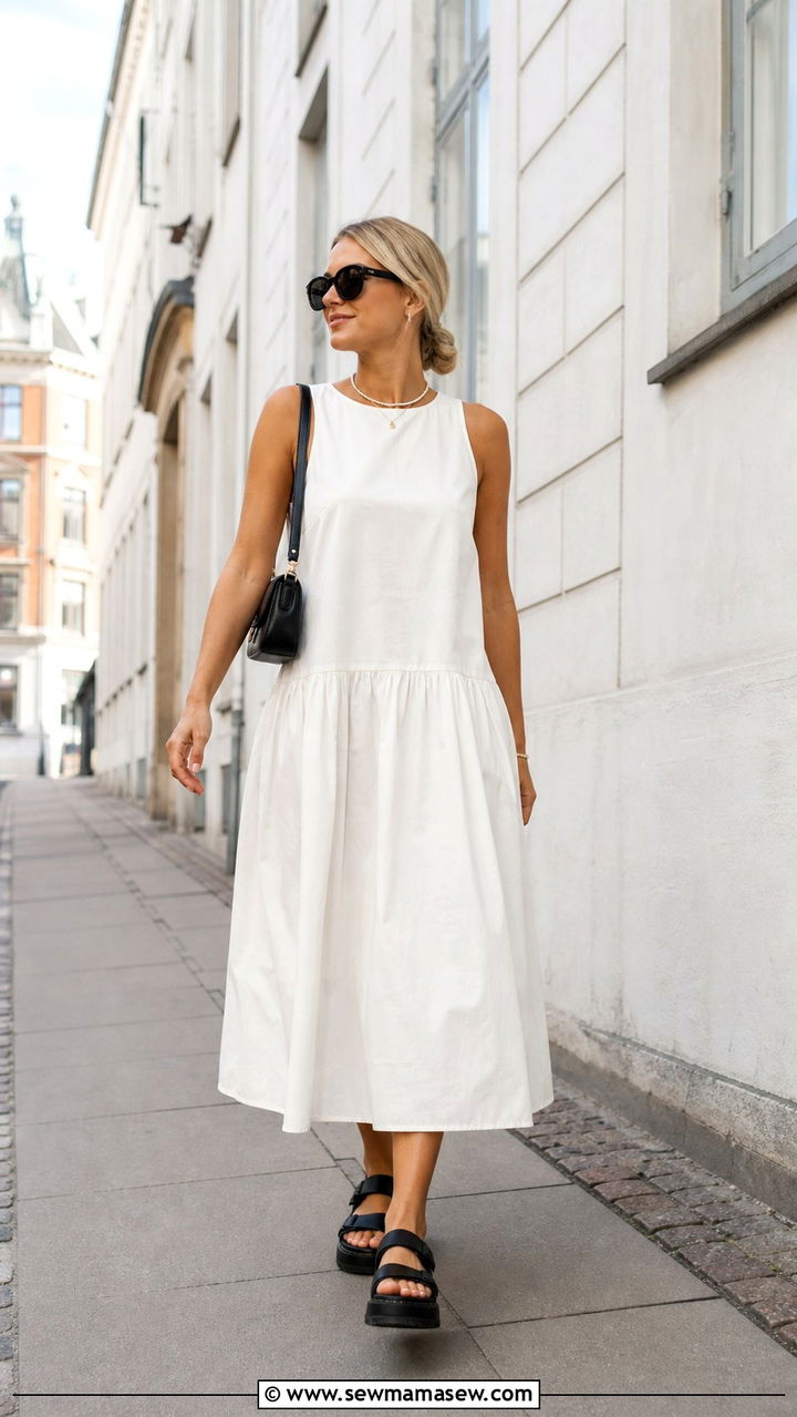 Drop Waist Cotton Dress With Chunky Platform Sandals - 40 summer scandinavian outfits