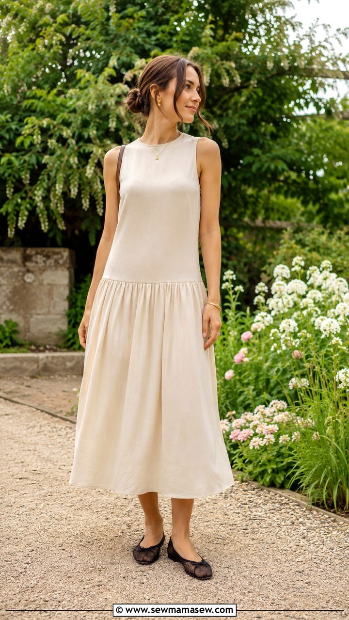 Drop Waist Dress And Mesh Ballet Flats - 25 Old money outfit ideas with ballet flats