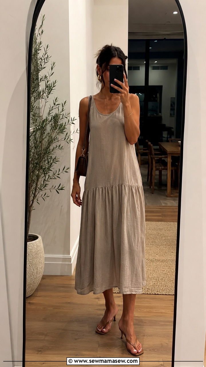 Drop Waist Midi Dress With Heeled Flip Flops - 30 Midi dress with sandals outfit ideas