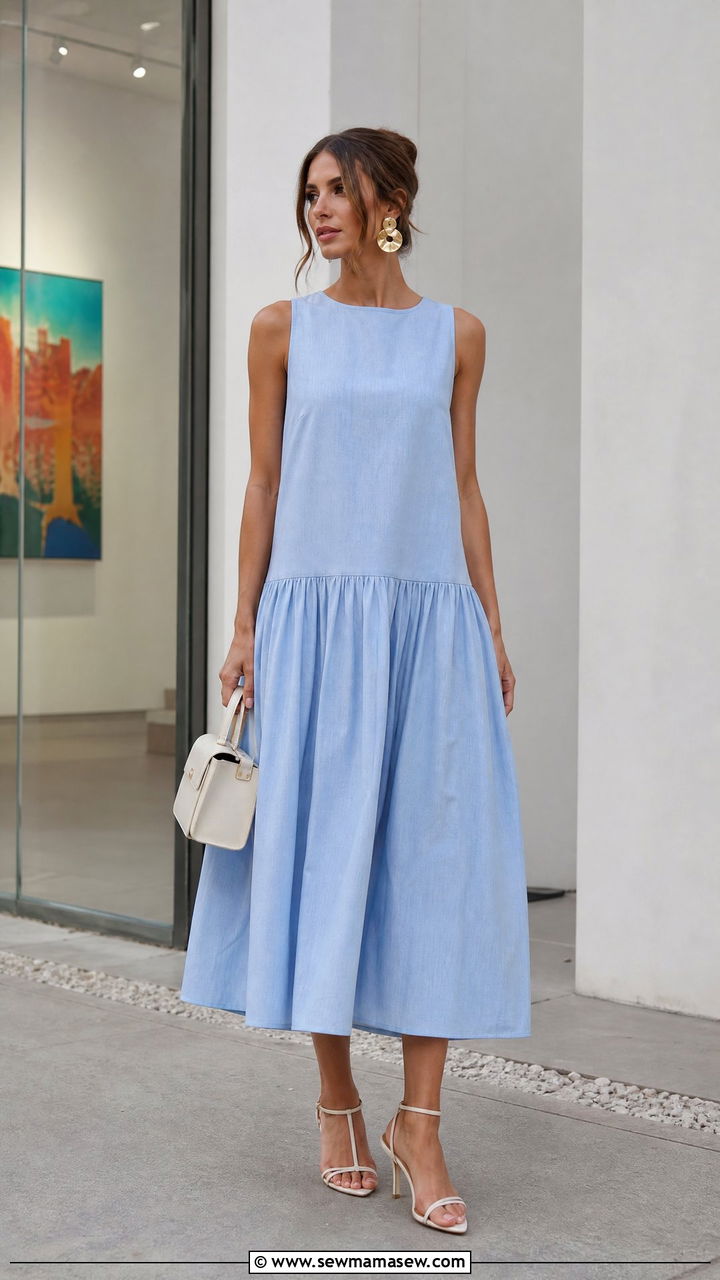 Drop Waist Midi Dress With Heeled Sandals - 30 summer midi dress outfit ideas