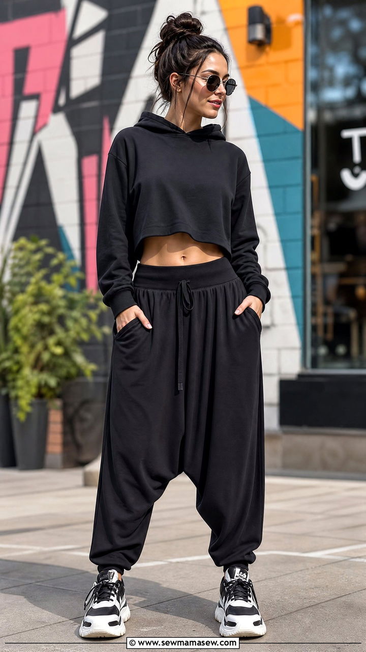 Drop crotch harem pants with a cropped hoodie and sneakers - 25 Petite outfit ideas to avoid
