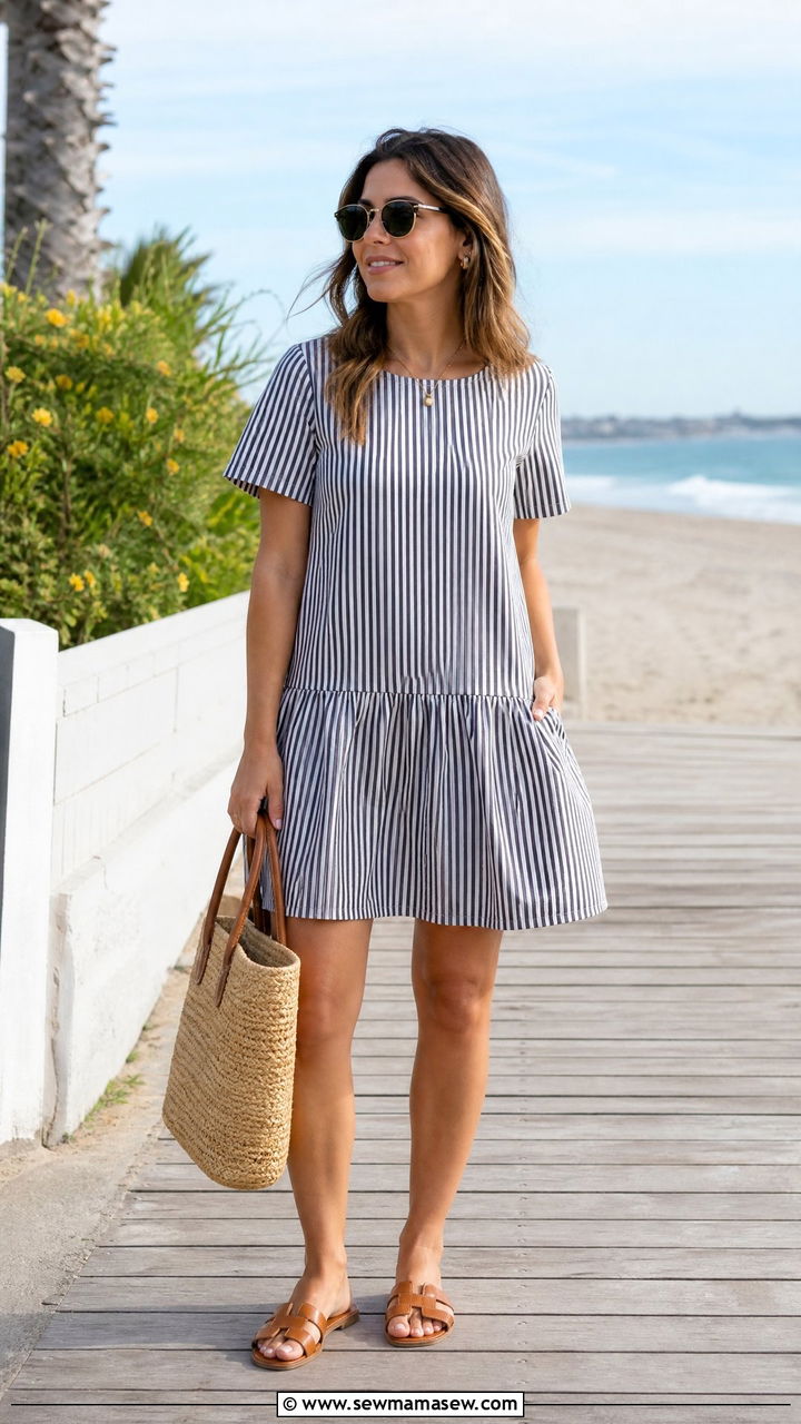 Drop waist dress with flat sandals - 25 casual outfits for short torso women