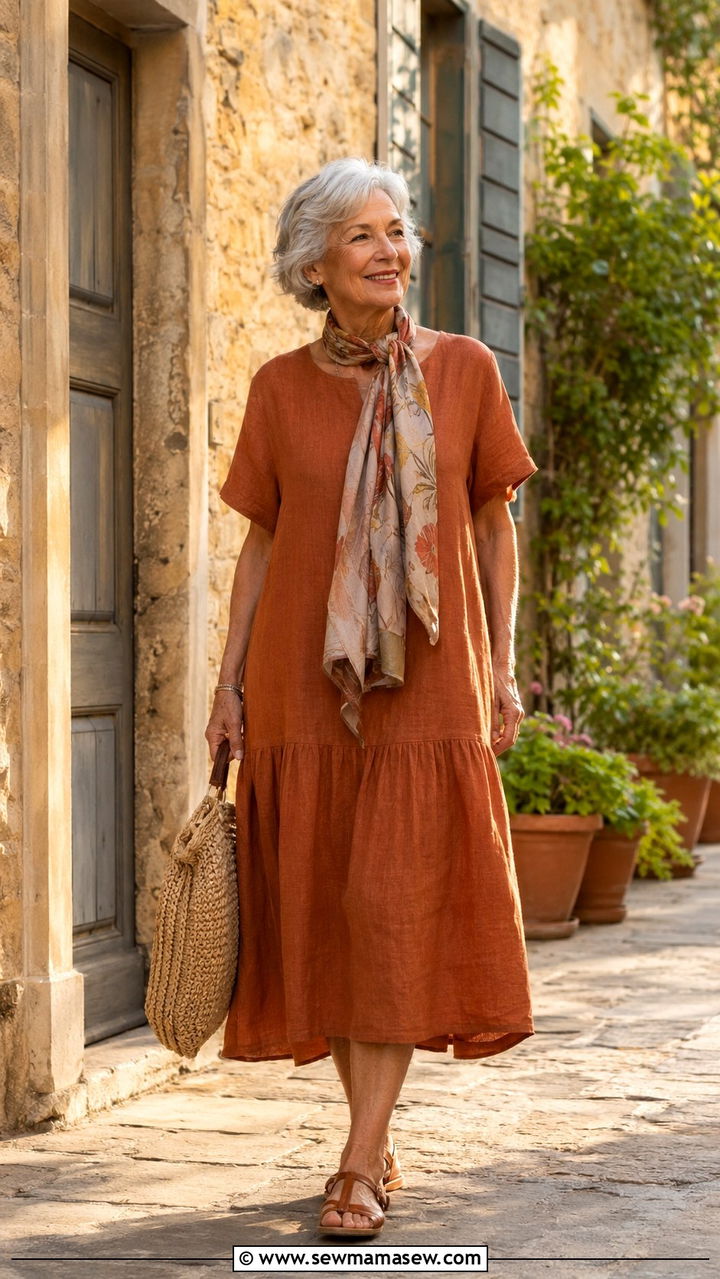 Drop waist dress with flat sandals - 30 Outfit ideas for women over 70 casual 2026