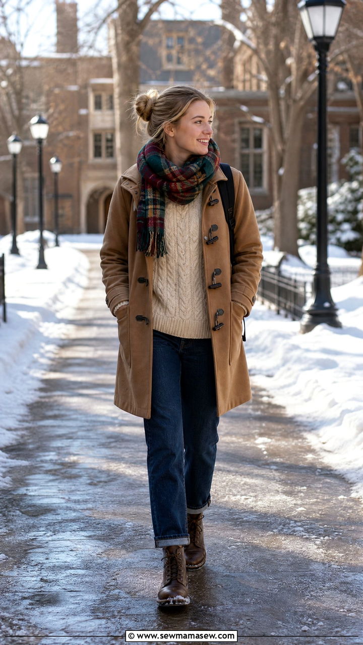 Duffle Coat With Cable Knit Sweater And Jeans - 35 Ivy league outfit ideas