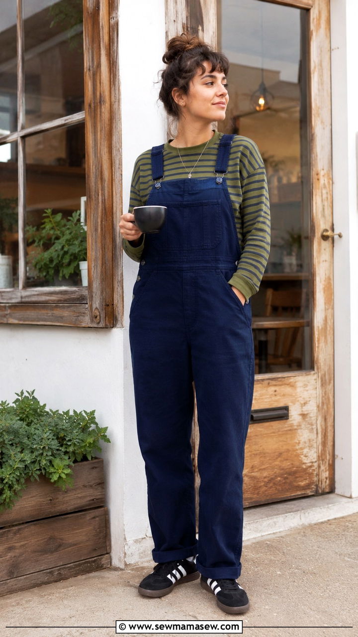 Dungarees Barista Outfit with Striped Sweater - 20 Barista outfit ideas
