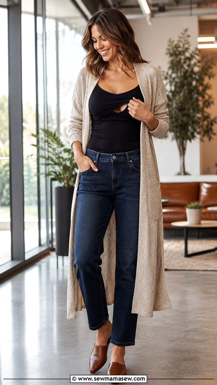 Duster Cardigan Over a Nursing Tank with Straight Leg Jeans - 25 Pumping friendly work outfits