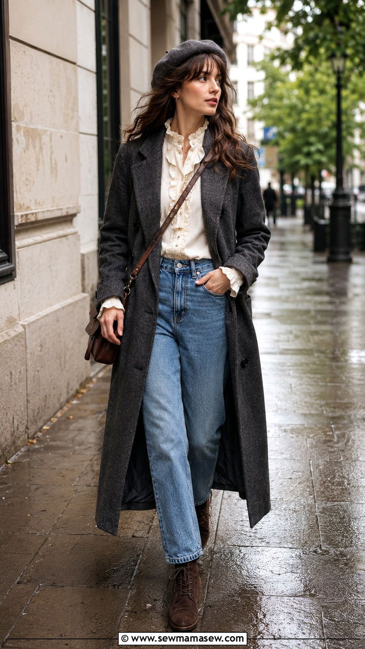 Duster Coat With Ruffle Blouse And Relaxed Jeans - 25 poetcore outfits ideas
