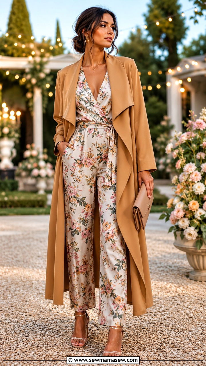 Duster Coat over Printed Jumpsuit with Heels - 30 Duster coat outfit ideas