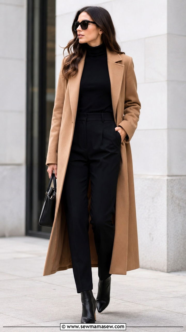 Duster Coat with All Black Base Layer - 25 Outfits that flatter the midsection