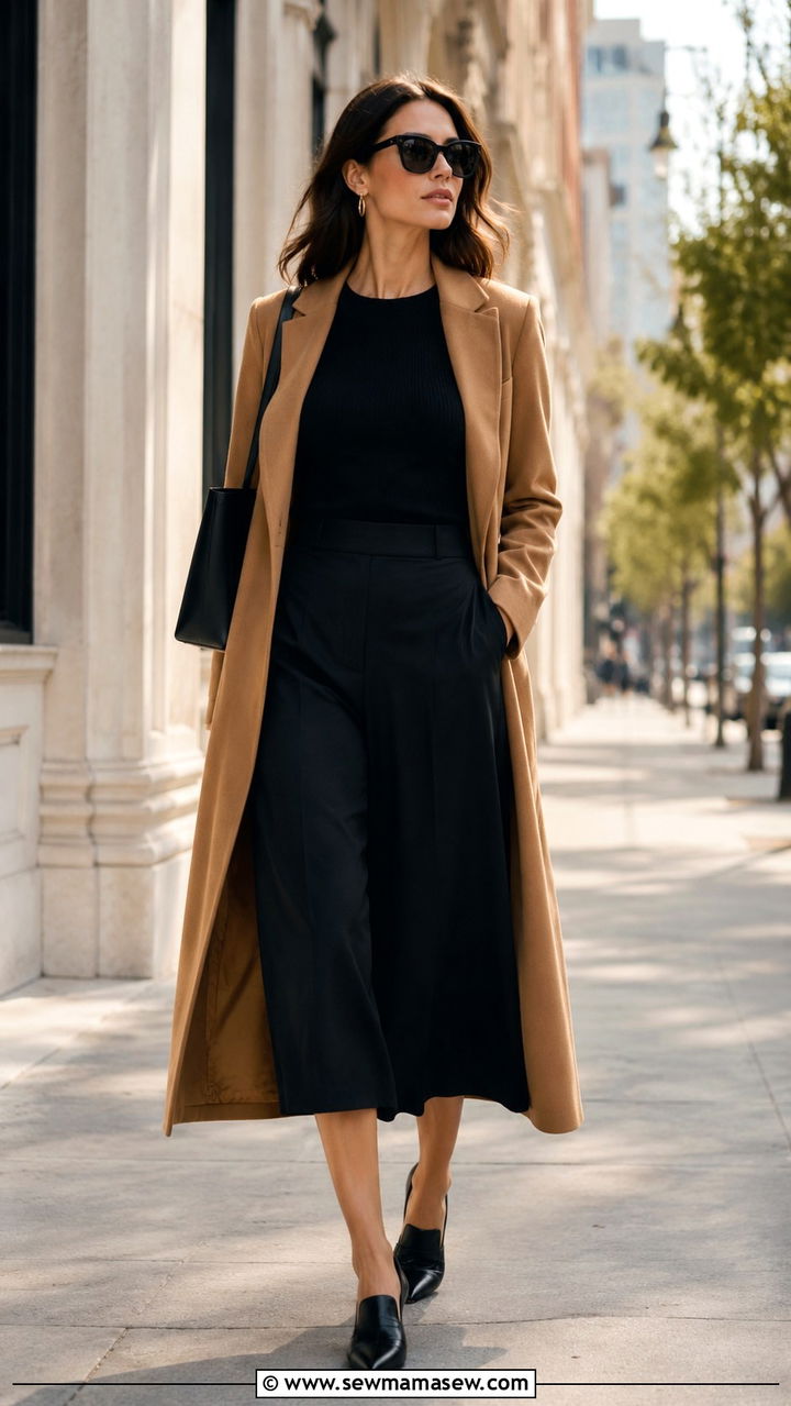 Duster Coat with Black Culottes and Mules - 30 Duster coat outfit ideas