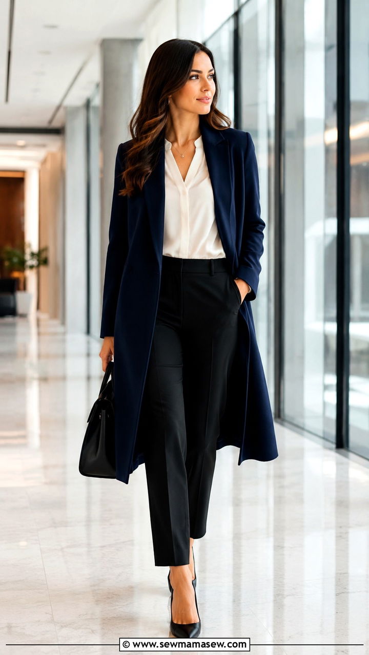 Duster Coat with Blouse and Tailored Trousers for Work - 30 Duster coat outfit ideas