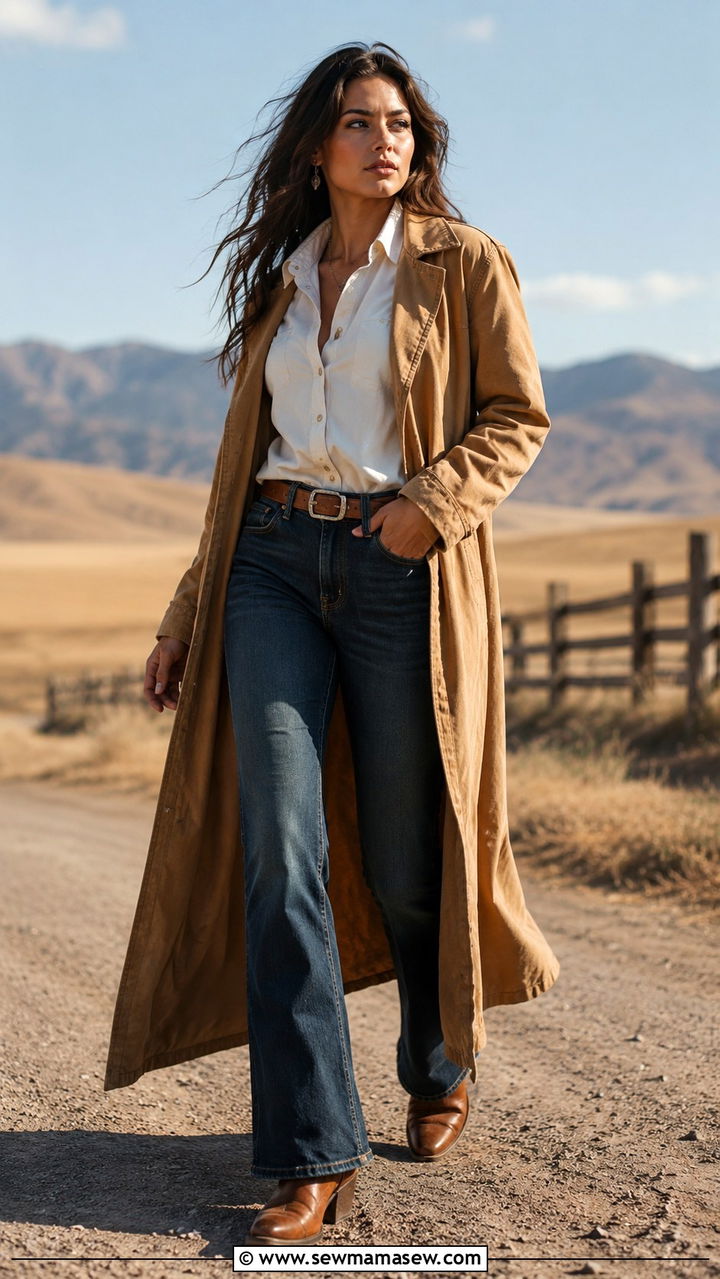 Duster Coat with Bootcut Jeans and Cowboy Boots - 30 Duster coat outfit ideas