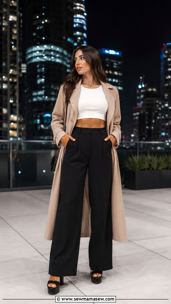 Duster Coat with Crop Top and Wide Leg Pants - 30 Duster coat outfit ideas