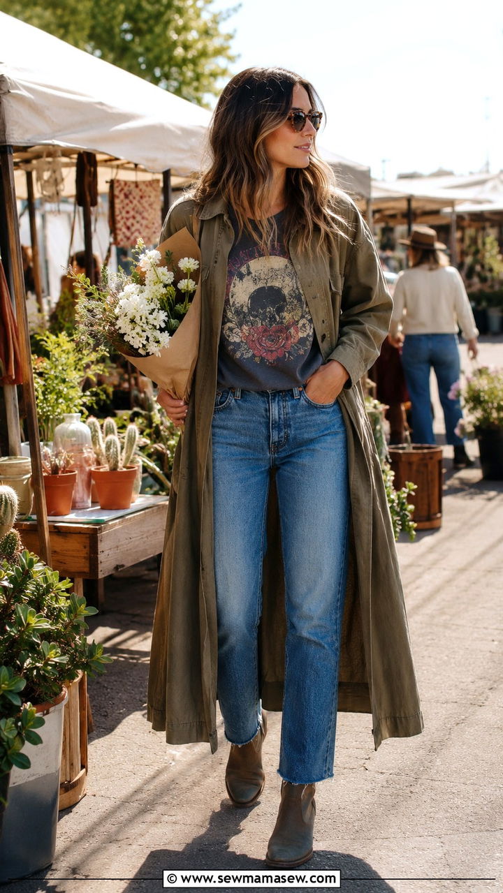 Duster Coat with Graphic Tee and Straight Leg Jeans - 30 Duster coat outfit ideas