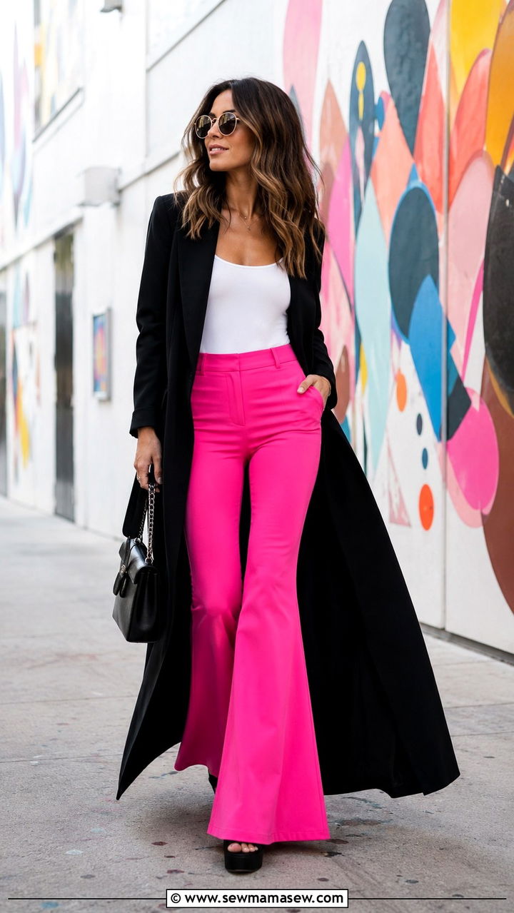 Duster Coat with Hot Pink Flare Pants - 30 Duster coat outfit ideas
