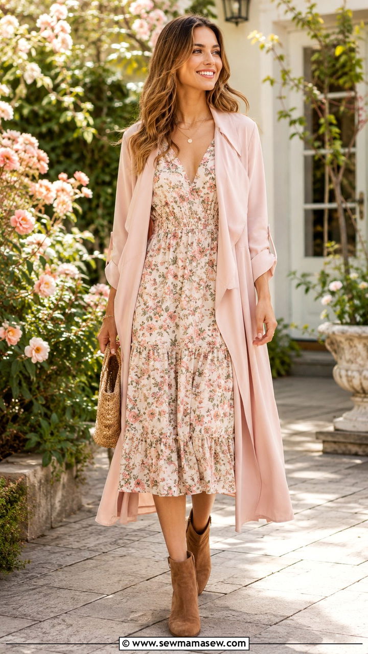 Duster Coat with Sundress and Ankle Boots - 30 Duster coat outfit ideas