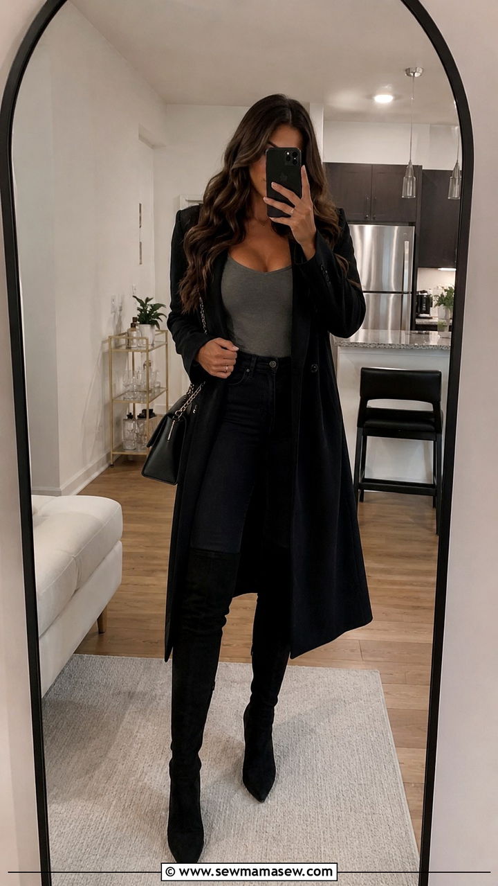 Duster Coat with Tank Top and Over the Knee Boots - 30 Duster coat outfit ideas