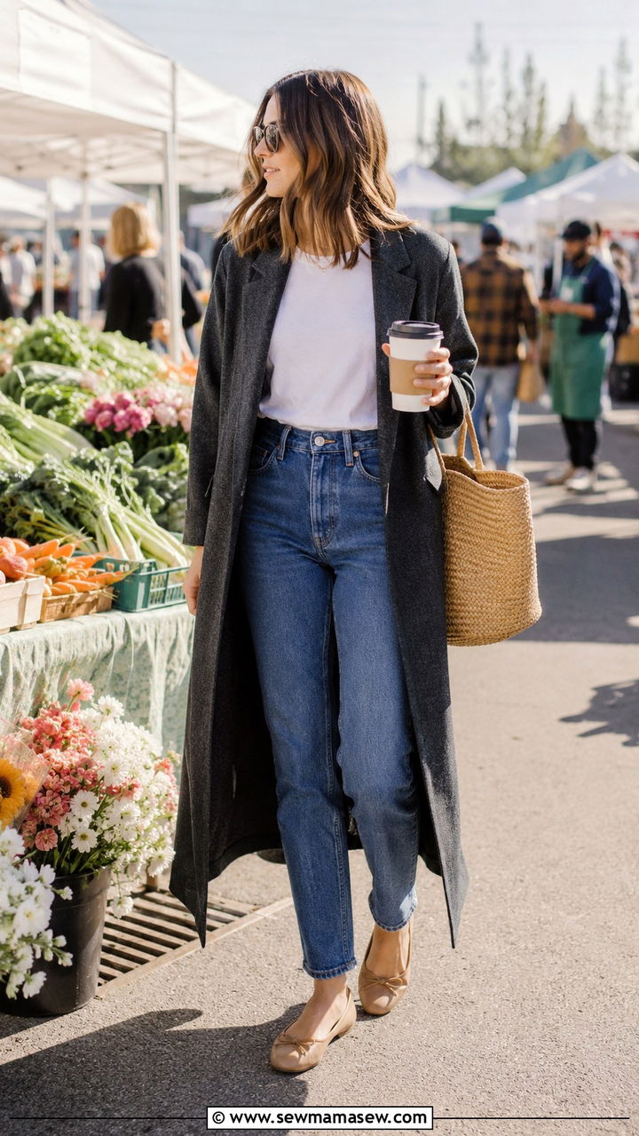 Duster Coat with White Tee and High Waisted Jeans - 30 Duster coat outfit ideas