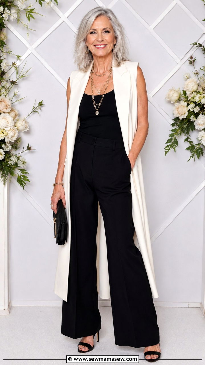 Duster Vest With Wide Leg Pants - 30 Night out outfit ideas women over 60