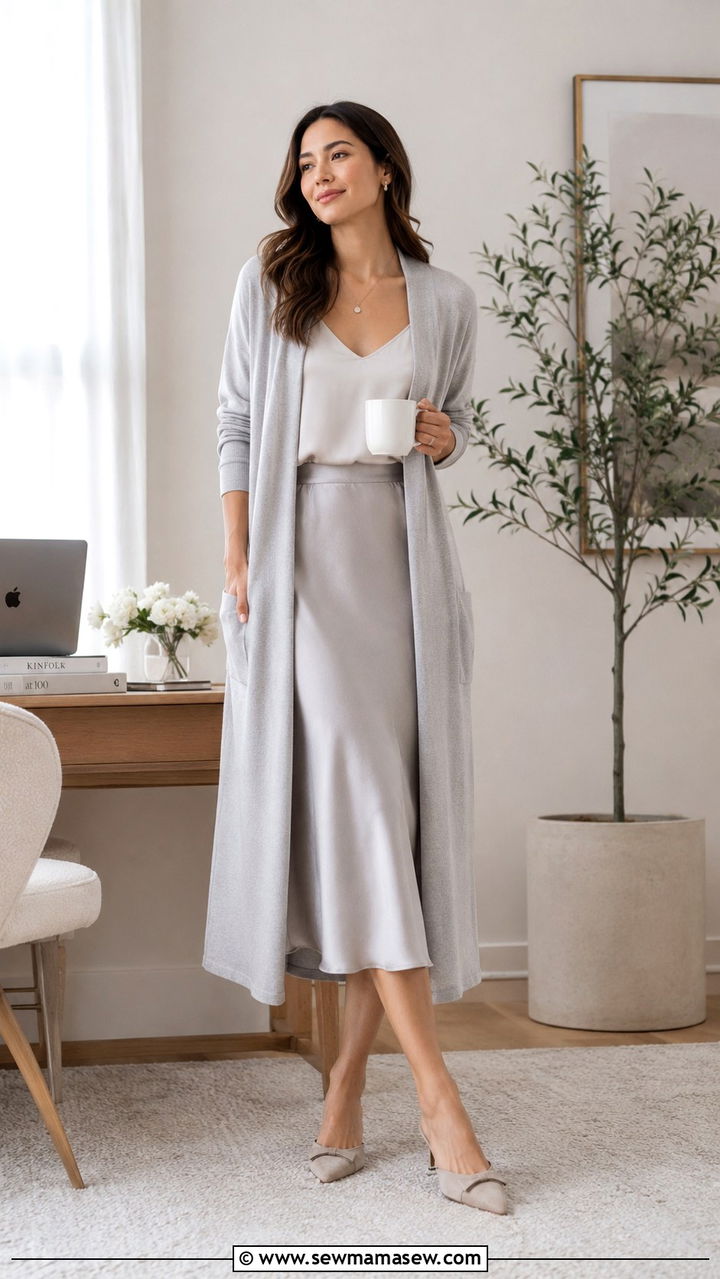 Duster cardigan and midi skirt - 30 Cute work from home outfits