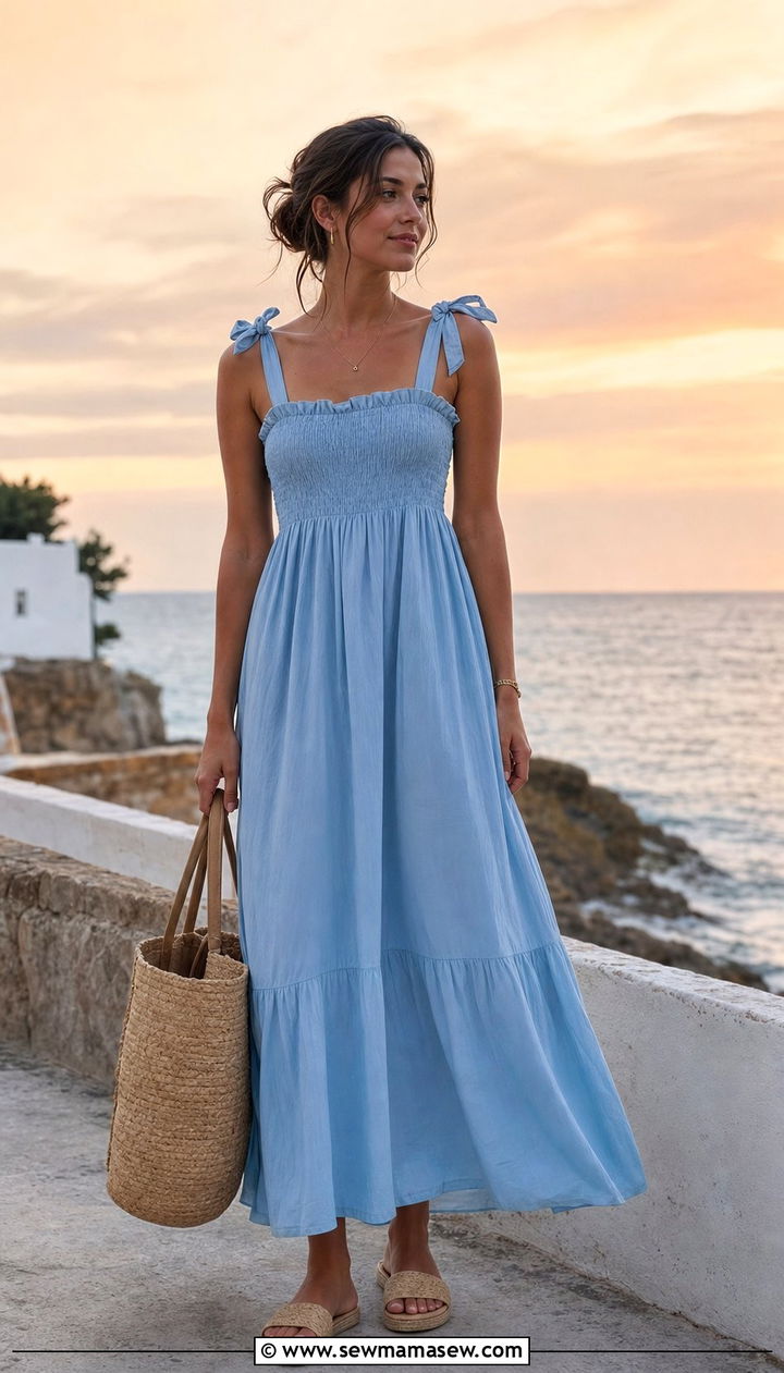 Dusty Blue Cotton Voile Maxi Dress and Raffia Espadrille Slides Outfit - 25 Summer minimalist outfits 2026