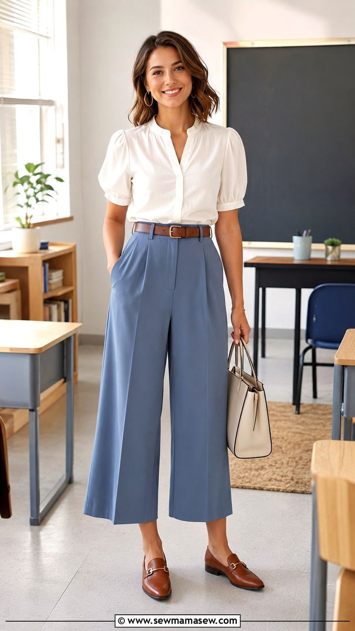 Dusty Blue Culottes with White Blouse and Brown Loafers - 30 Spring outfit ideas for teacher