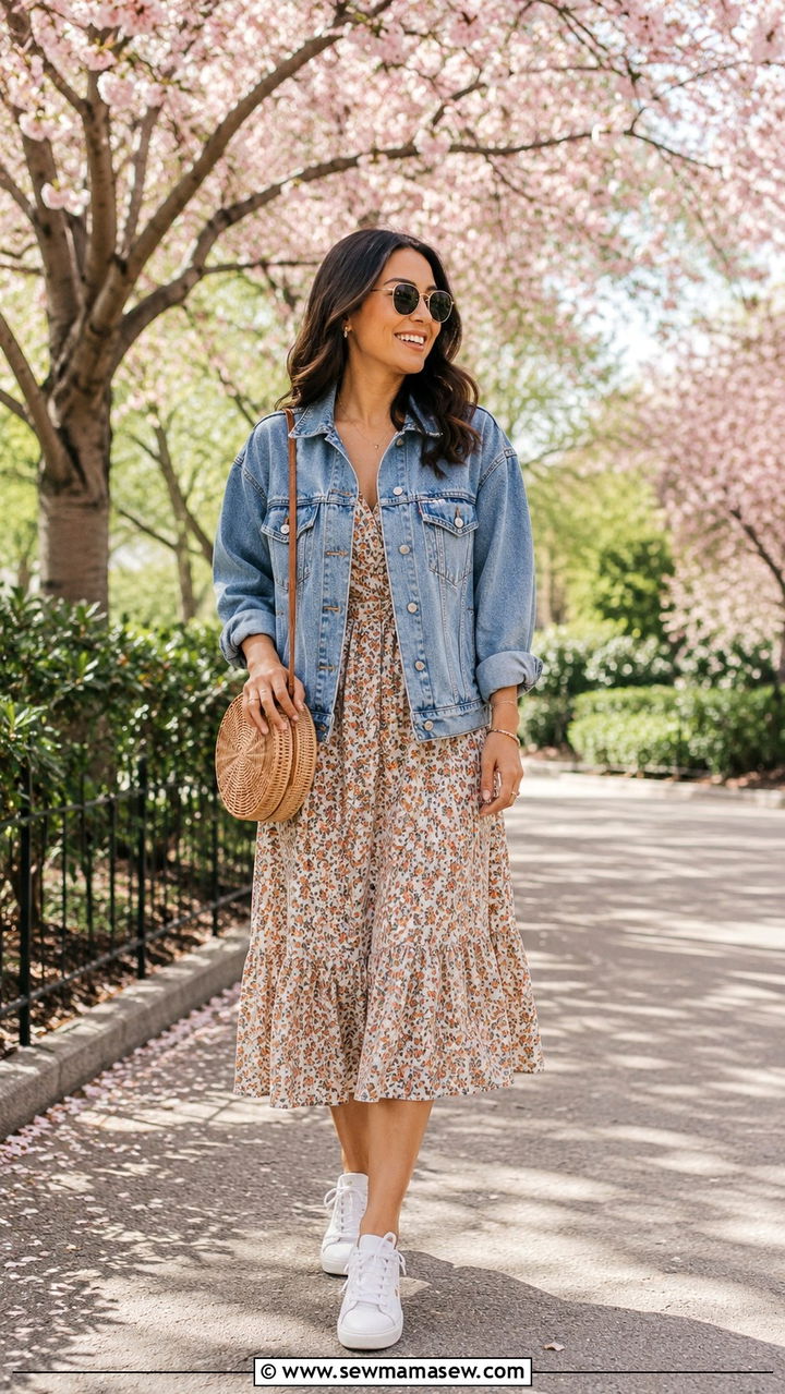 Dusty Blue Denim Jacket And Floral Dress - 30 Dusty blue outfit ideas