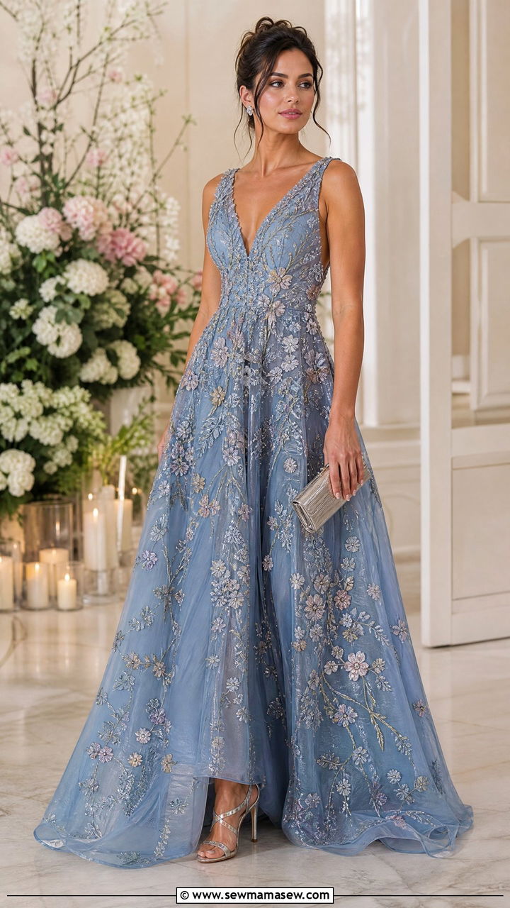Dusty Blue Embroidered Ball Gown - 30 classy spring wedding guest outfit ideas